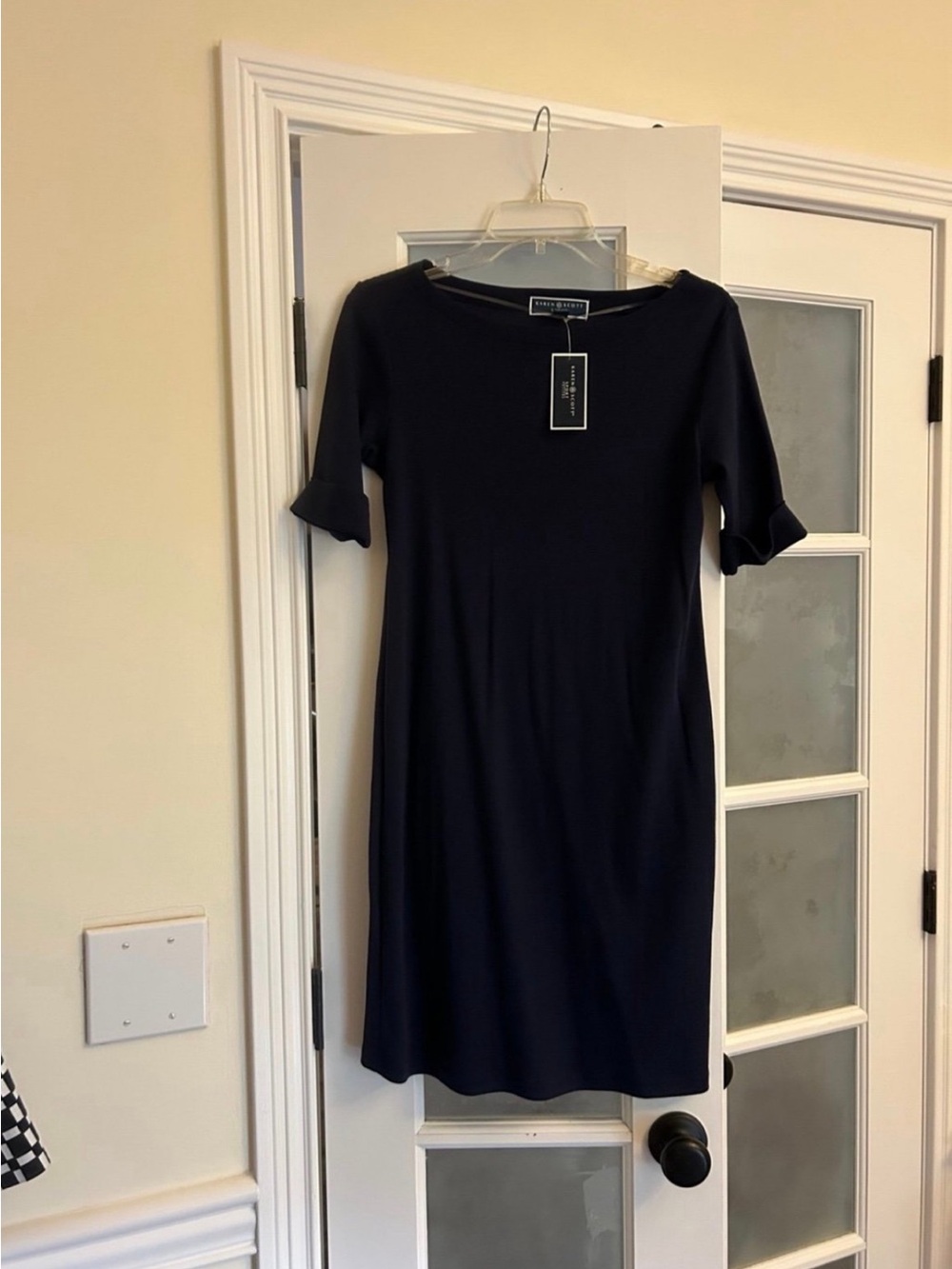 Karen Scott Navy Midi Dress with Ruffle Short Sleeves